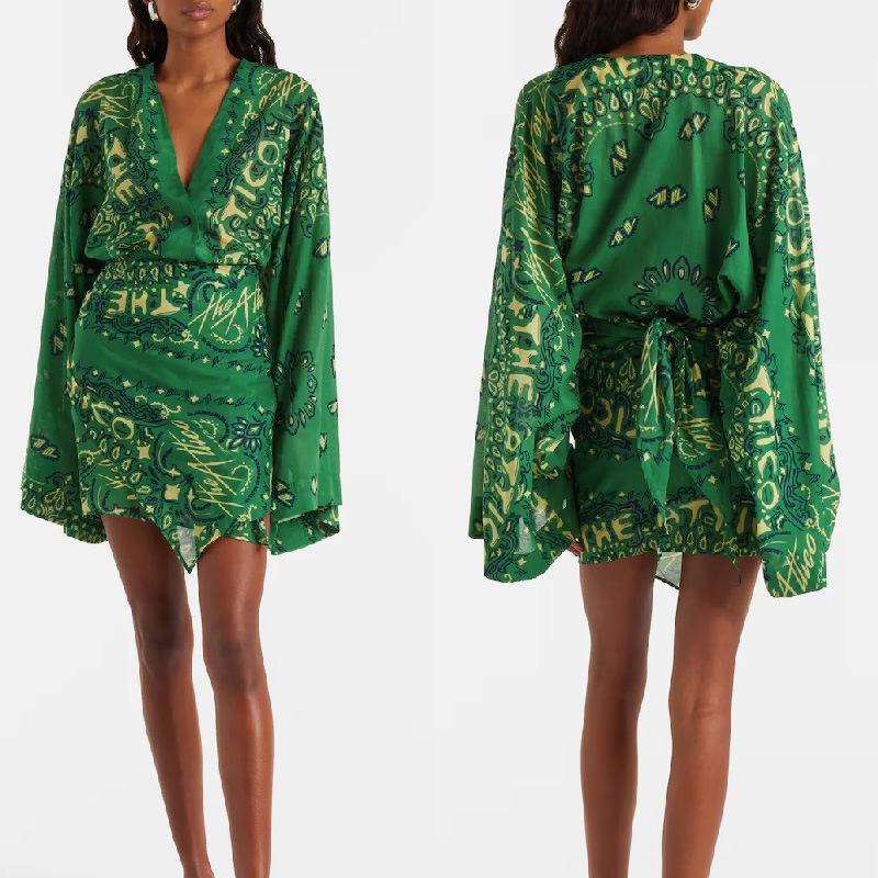 Cross-Border Summer New Style Green Cashew Flower Print V-Neck Flared Sleeves Irregular Hem Resort Style Dress for Women