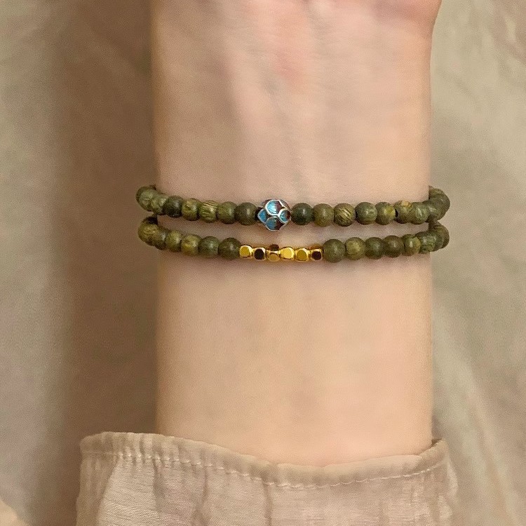 New Chinese Natural Green Sandalwood Bracelet Men's and Women's Good Luck Bracelet Double Circle Stacked Wooden Beads Lotus Accessories