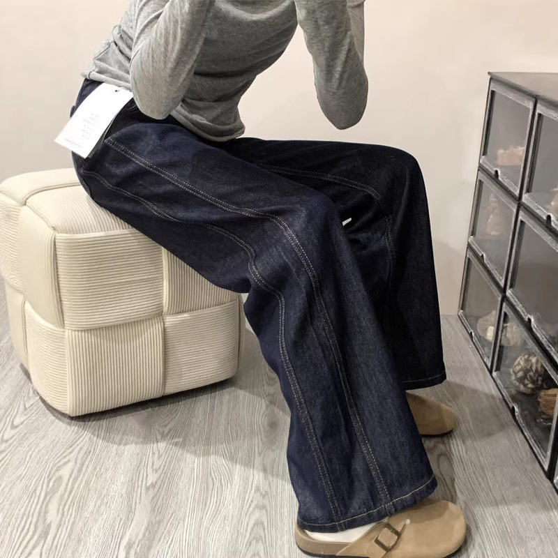 Dark Blue Wide-Leg Jeans for Women, Summer and Spring, Plus Size, Loose Fit, Slimming Straight Pants for Women with Pear-Shaped Body Shape