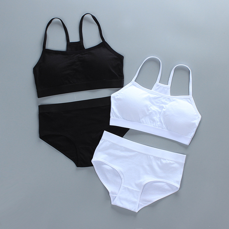 Teenage Bra Set with Inserts, Summer Thin Cotton Design in Black and White—Perfect for Developing Girls and Older Kids