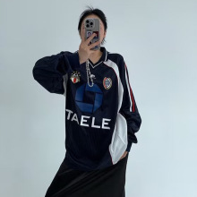 美式高街撞色拼接V领运动风赛车长袖T恤男女复古宽松百搭球衣秋季