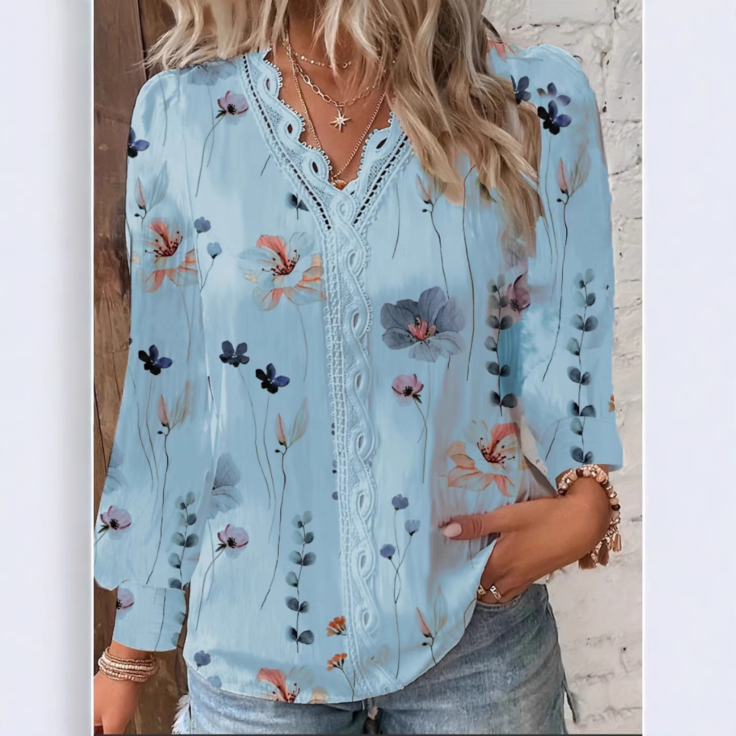 Camisa de Manga Larga con Encaje para Mujer de Poliéster Cuello en V para Otoño image 4