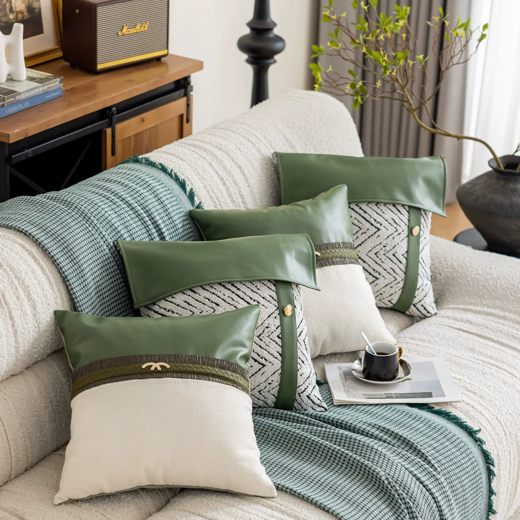 Новый зеленый кожаный чехол для подушки для дивана, черная офисная подушка для отеля, виллы, прикроватная подушка