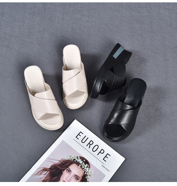 Dép sandal nữ đế xuồng da bò thật quai chữ V gót cao 9 cm — Màu đen (Da bò lớp đầu tiên) chi tiết 11