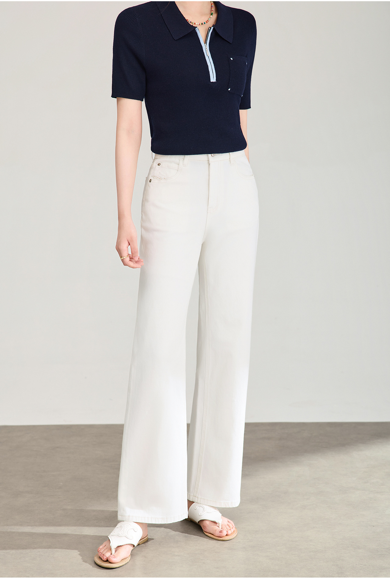 Quần jean nữ cạp cao ống rộng vải lụa cotton co giãn bốn chiều mỏng nhẹ mùa hè — màu trắng chi tiết 2