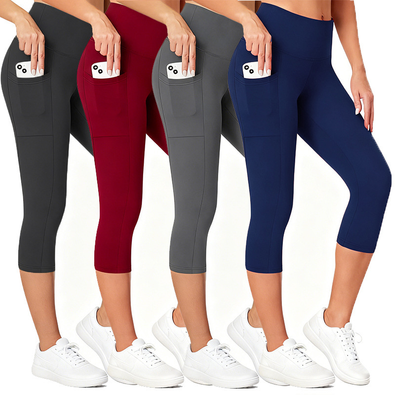 Amazon Cross-Border European and American Pocket Cropped Yoga Pants for Women Spring and Summer High-Waisted Tummy Control Tight Cropped Leggings