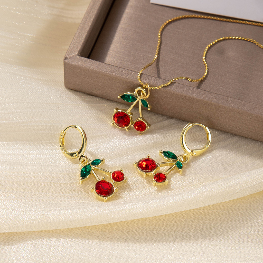 Juego de joyería de frutas para mujer verano – cereza dulce, collar, aretes, Europa/América
