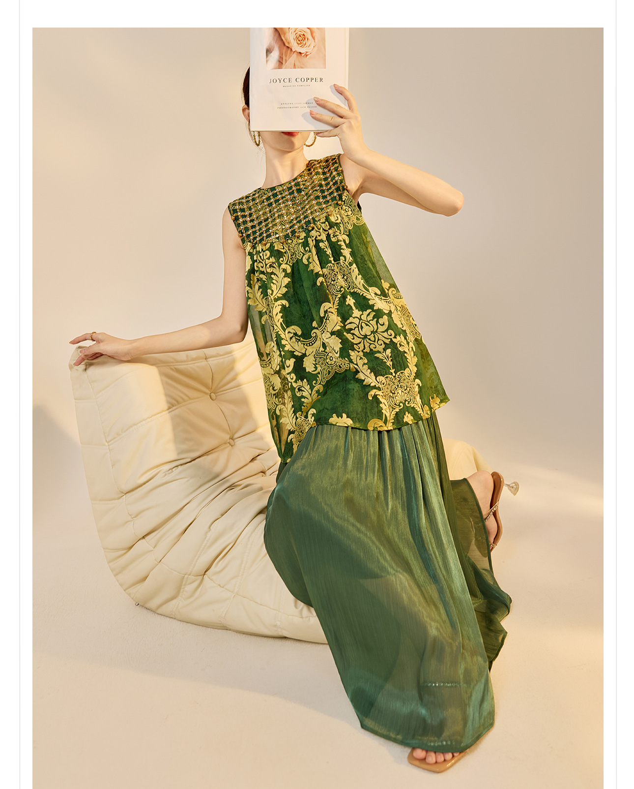 Đầm maxi nữ phong cách Trung Hoa mới, tay không, đính cườm lụa, dáng thắt eo N6041 — màu vàng, xanh lá cây chi tiết 11