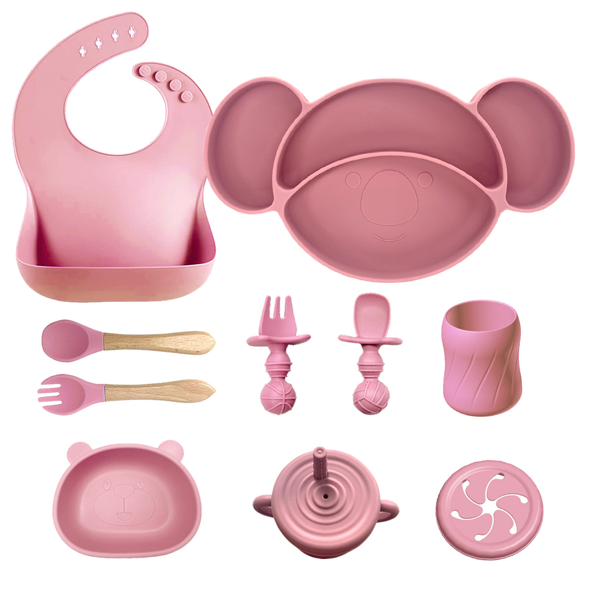 Nuevos productos transfronterizos para niños suplementarios de silicona platos de comedor cuchara de tenedor baudero ocho piezas conjuntos a prueba de caídas mangar suministros para madre y bebé