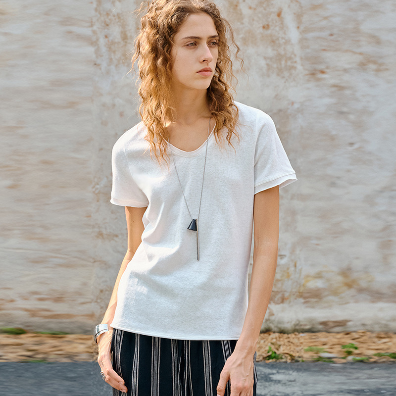 Linen Cotton V-Neck Knitted T-Shirt for Women, Summer Simple Commuter Style, Slim-Fit Short-Sleeve Cotton-Linen Top with Rolled Edges
