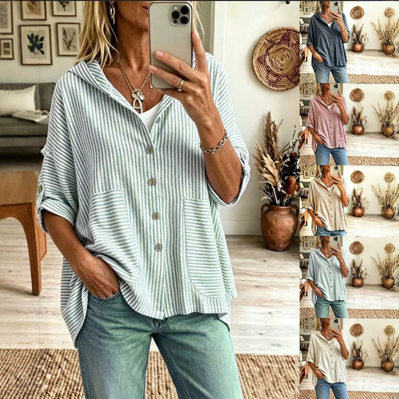 European and American Cross-Border Women's Fashion Autumn Striped Casual Hooded Shirt, Stylish Loose Fit, Slimming, Large Pockets, 7/8 Sleeves, Cardigan European and American Cross-Border Women's Fashion Autumn Striped Casual Hooded Shirt, Stylish Loose Fit, Slimming, Large Pockets, 7/8 Sleeves, Cardigan