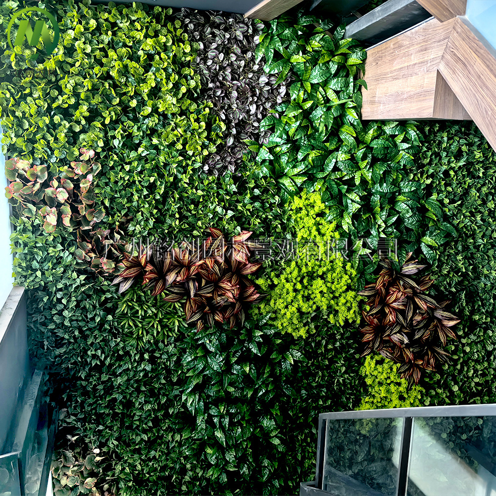 Simulación de pared de plantas, plantas verdes, flores falsas de plástico, césped, decoración de pared, imagen de fondo, frente, césped verde, pared