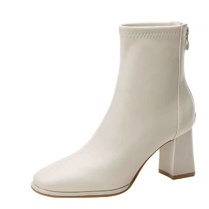 Модные сапоги толстые на каблуках белые короткие сапоги женские 2024 новые осенние тощие сапоги женские задние молнии квадратная голова тонкая французская