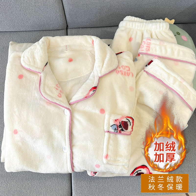 Factory wholesale plus size pajamas women's winter cartoon strawberry bear thickened fleece-lined girls warm home clothing cross-border
