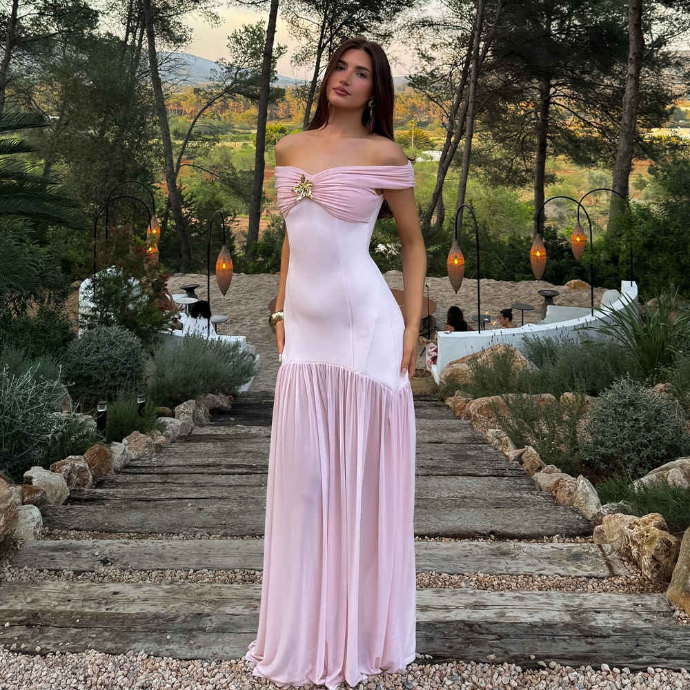 Backless Mesh Detail Long Dress, Slim Fit Pleated Backless Mesh Detail Long Dress, Slim Fit Pleated