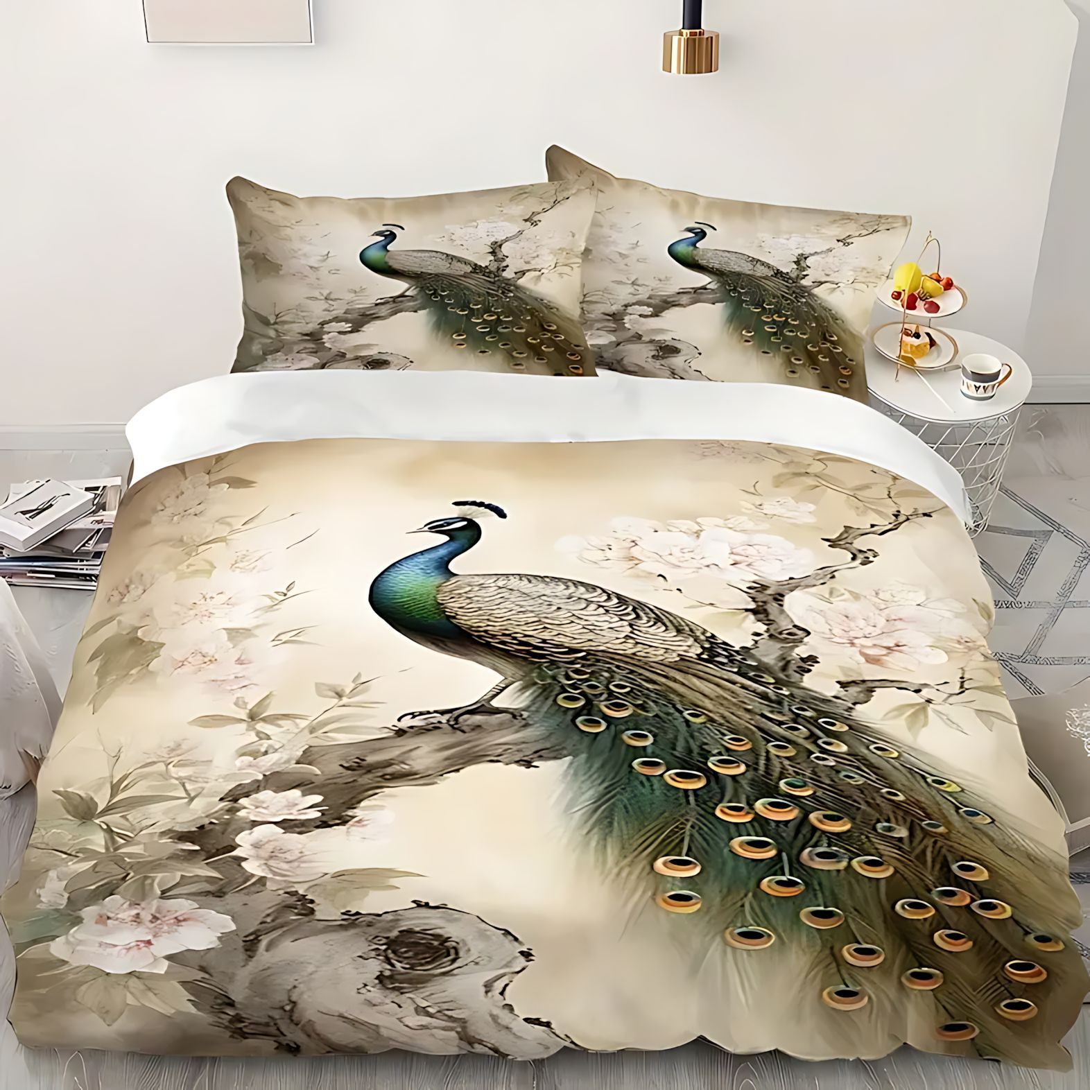 TEMU / JIT Peacock Flower HD Impresión digital abrasión colcha de cama set transfronterizo se puede ajustar