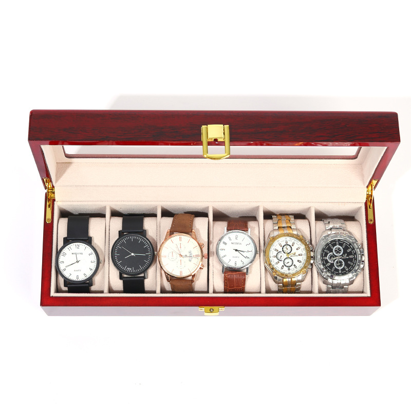 Caja de reloj pintada de 6 bits Flip rojo pintura brillante reloj caja de almacenamiento caja de reloj de madera artesanal