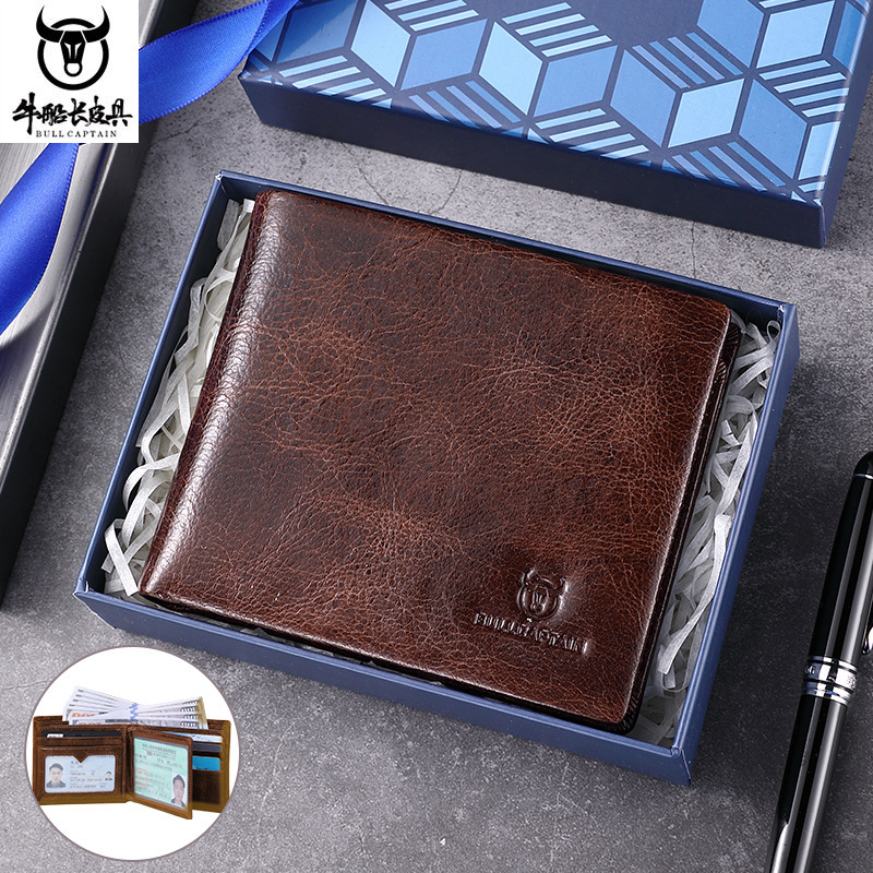 Captain Cow Soft Head Layer Cowhide Lightning Pattern Men's Wallet Genuine Leather Multi Card Bits Retro Ultra-thin Wallet Anti-theft Brush RFID