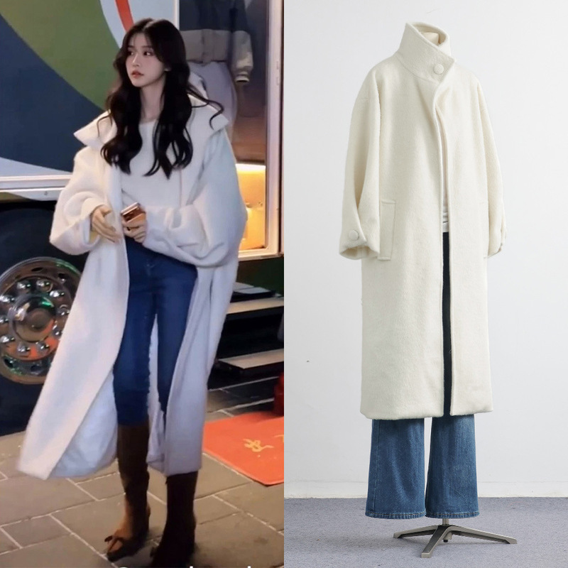 [in Stock] Light Luxury High-End White Woolen Coat, Loose and Relaxed Style, Over-The-Knee Long Women's Woolen Overcoat