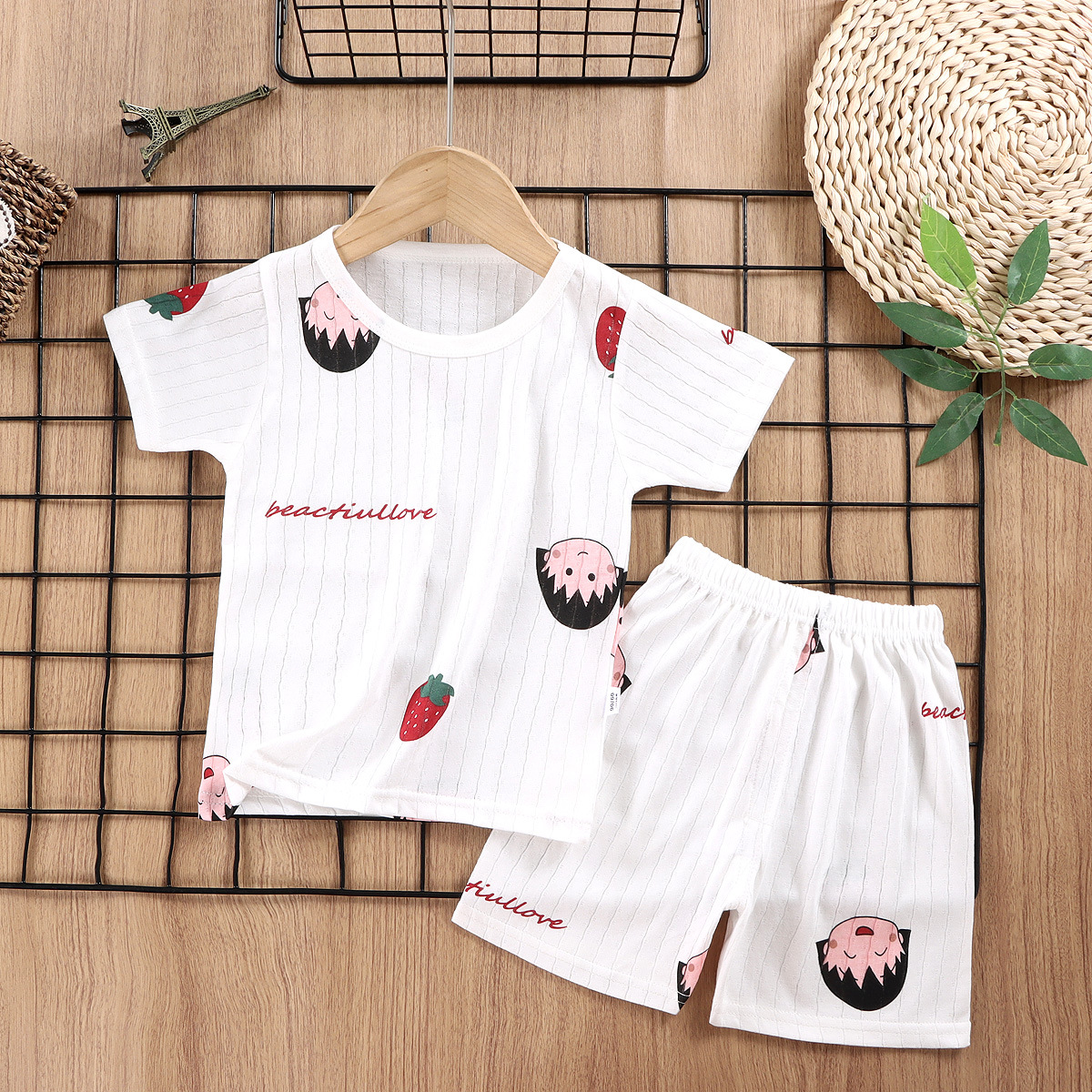 Traje de ropa para el hogar de algodón de verano para niños, pantalones cortos de manga corta para niños y niñas, pijama de dibujos animados para niñas, ropa de aire acondicionado para bebés