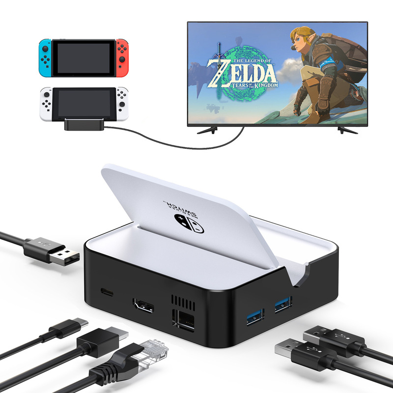 Suitable for Nintendo Switch Portable Dock Expansion Dock 6-in-1 with Network Port Adapter and Phone Stand Docking Station