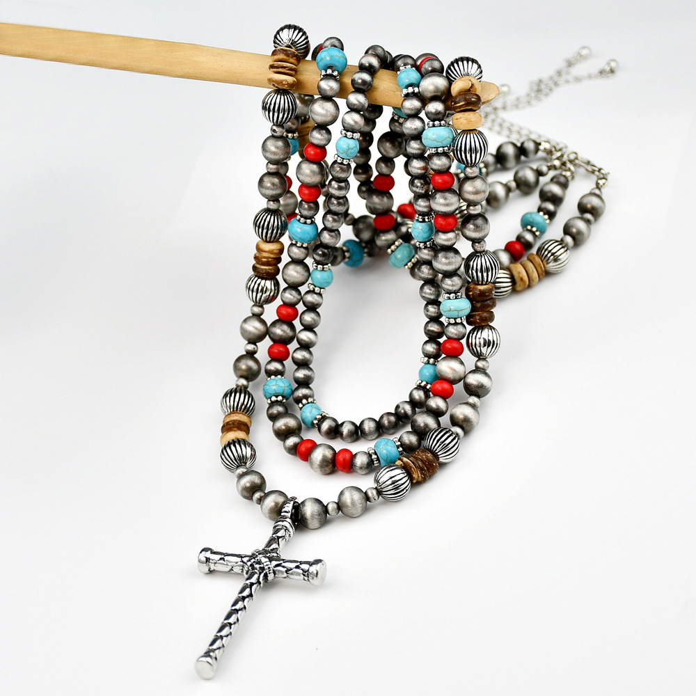 IG Style Simple Style Cross Round CCB Alloy Turquoise Beaded Unisex Pendant Necklace Necklace display picture 3
