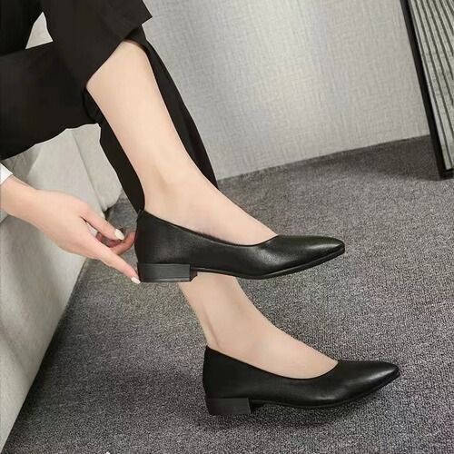 Women's New Black Summer Professional Work Shoes with Pointed Toe, Thick Heel, Leather Shoes, Soft Leather, Soft Sole, Single Shoe