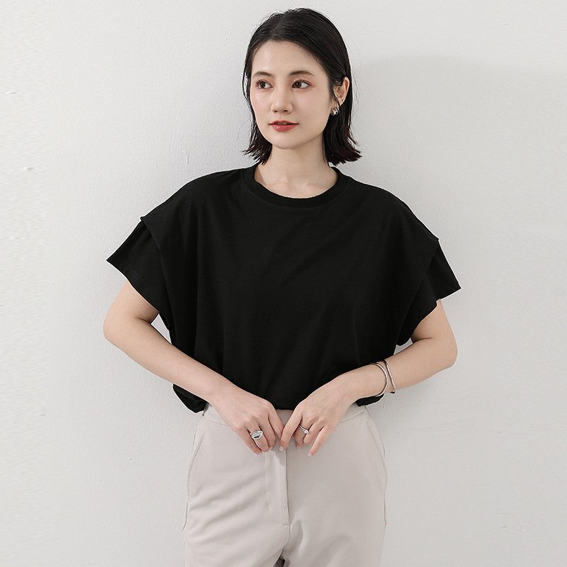 Estilo japonés transfronterizo artístico simple delgada suelta a rayas manga corta Camiseta diseño cuello redondo manga de murciélagos estilo coreano