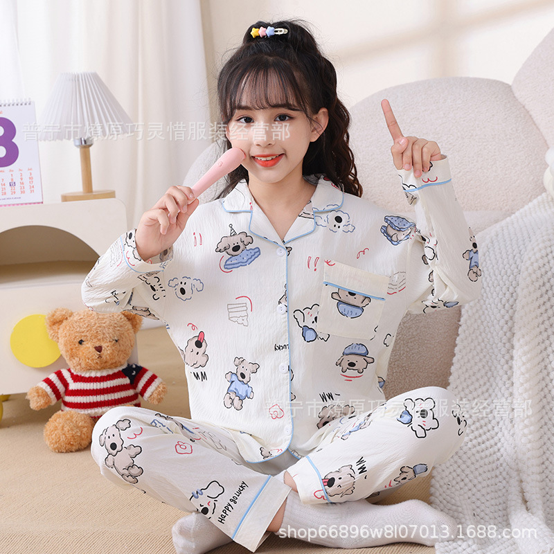 Pijama de niñas primavera y otoño dibujos animados tela espuma de tela delgada manga larga lindo ropa para niños de tamaño medio y grande ropa para el hogar