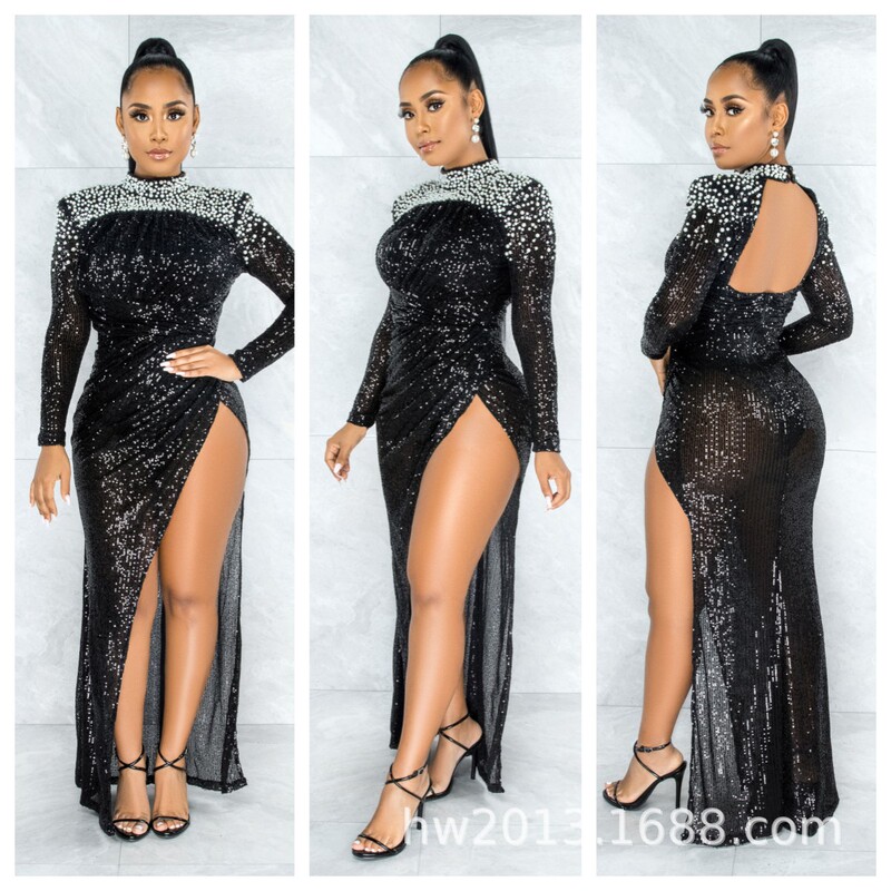 Foreign trade sexy European and American cross-border Women's mesh sequins contrast color beaded sexy split dress long evening dress