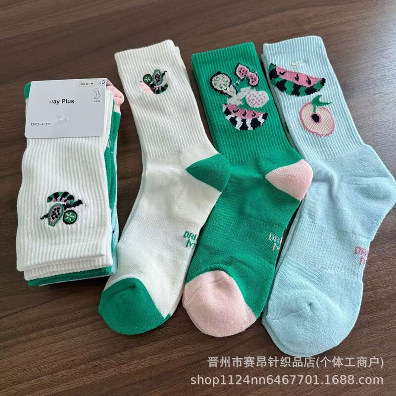 Suwannaisi's New Candy-Colored High-Tube Towel-Soled Sports Socks for Men and Women, Cartoon Fruit Sweat-Absorbent Long-Tube Cotton Socks