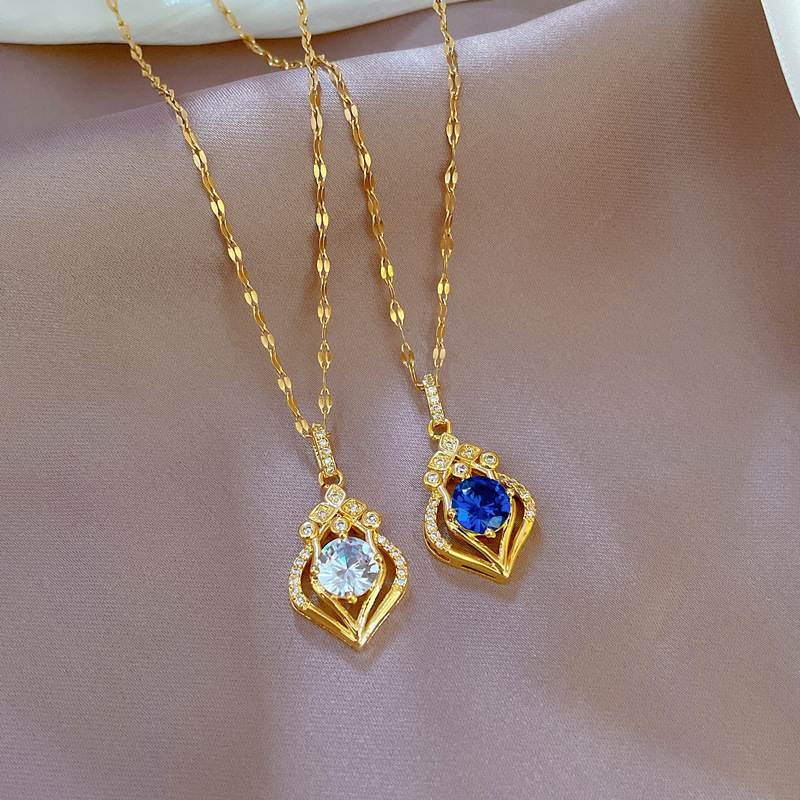 Damen Wassertropfen Halskette Mit Edelstein Aus Edelstahl Gold_voghion.com