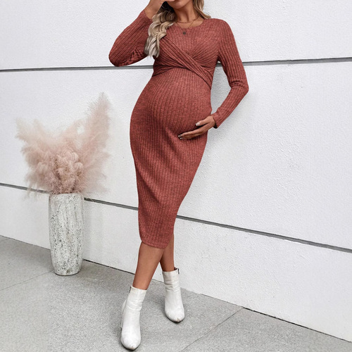 Maternity dress cross-border European and American export long-sleeved maternity skirt elegant knot slim-fit maternity outfit one-piece dress