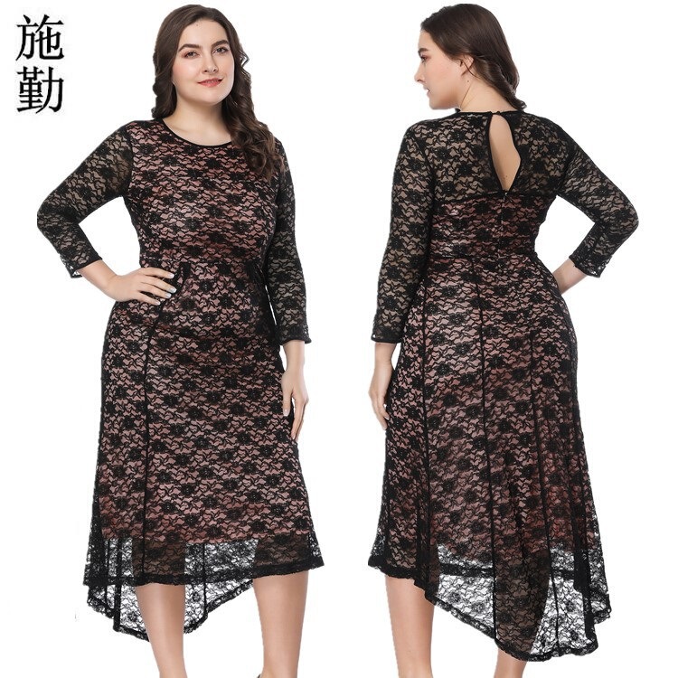 European and American Spring and Autumn Evening Dress Front Short Back Long High Waist Plus Size Short Sleeve Lace dress SQ0088 Fashion Elegant