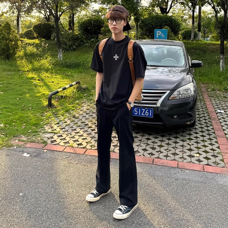 黑色直筒裤子男款夏天高腰显瘦弯刀微喇西裤垂感高级感休闲西装裤