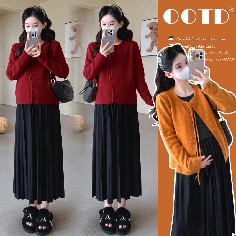 Maternity Wear Lace-Up Round Neck Chic Knitted Cardigan for Women Autumn and Winter 2025 New Style Loose Elegant Sweater Coat Maternity Wear Lace-Up Round Neck Chic Knitted Cardigan for Women Autumn and Winter 2025 New Style Loose Elegant Sweater Coat