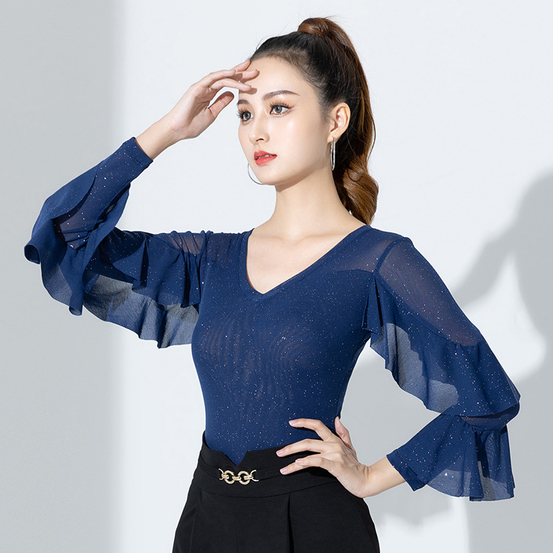 Latin dance clothing new female adult ballroom dance top social modern dance long-sleeved jumpsuit top performance autumn and winter