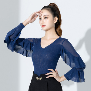 Latin Ballroom dance tops for women girls Navy royal blue companionship modern ballroom waltz tango dance bodysuits long sleeve romper catsuits for female