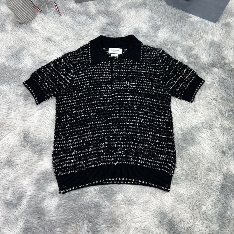 Factory Direct Sale Tb New Sweater Classic Tweed High-End Versatile Casual Turn-Down Collar Wool Short Sleeve