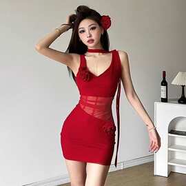 辣妹风红色立体玫瑰花网纱拼接背心连衣裙女夏季收腰包臀短裙跨境