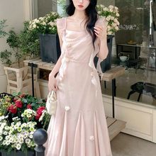 夏季温柔新款法式长裙荷叶绝美低调设计超仙精致粉色吊带裙连衣裙