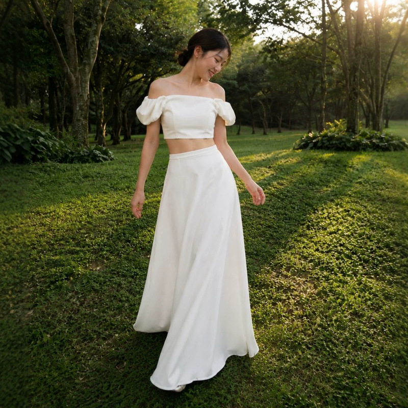 Lightweight Wedding Dress for Travel Photography, Two-Piece Satin Simple Puff Sleeve Waist-Exposing Niche High-End White Evening Gown Set