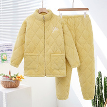 拉链三层夹棉睡衣女立领冬季加厚珊瑚绒棉袄简约可外穿家居服套装