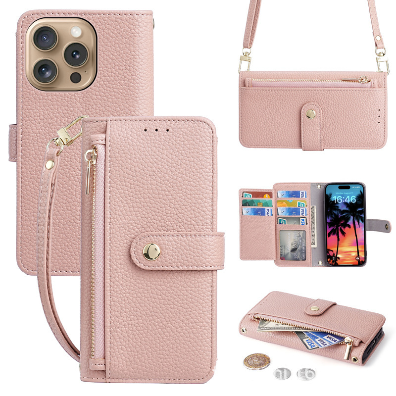 Cross-Border Applicable Iphone16Pro Women's Zipper Wallet Mobile Phone Leather Case Apple 15 Crossbody Anti-Fall Mobile Phone Case