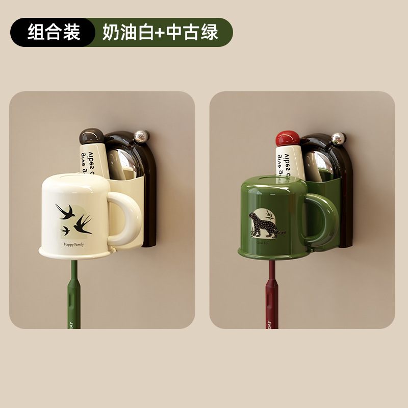 家庭用歯ブラシと歯磨きカップ収納ラックマウスウォッシュカップ壁掛けパンチフリーストレージアンティークスタイルバスルーム歯ブラシカップハンガー|undefined