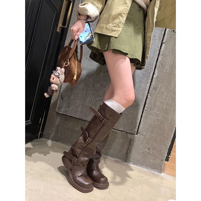 牛皮版废土风美拉德夏天靴子女新疆厚底裤管靴女褶皱短筒堆堆长靴|undefined
