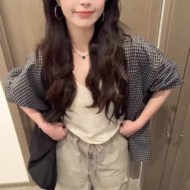 跨境格子长袖衬衫女慵懒春秋季韩系宽松休闲上衣复古防晒衬衣外套