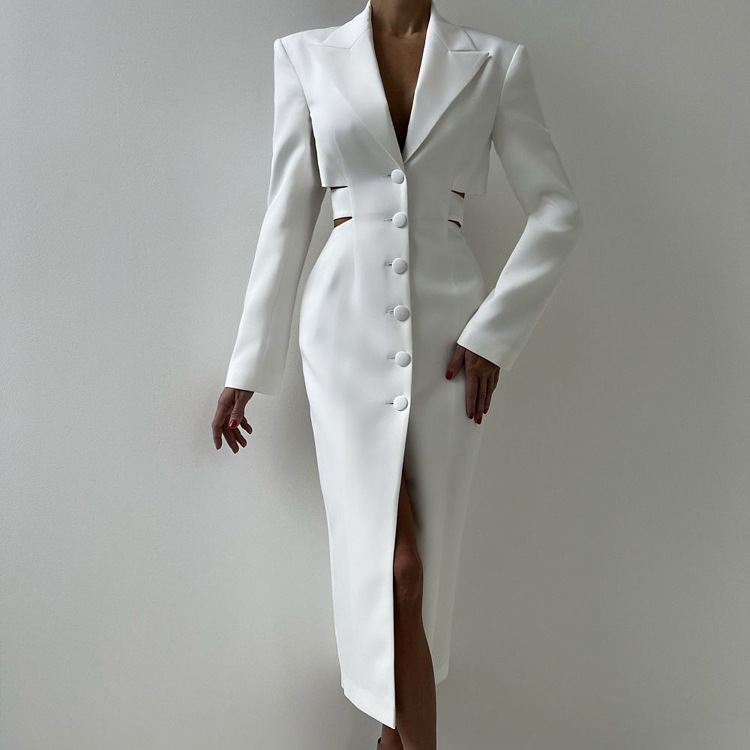 2026 New Style Hollow-Out Waist-Exposing Design High-End Suit Dress with a Sophisticated Look for Work, Single-Breasted Long-Sleeve Bodycon Dress