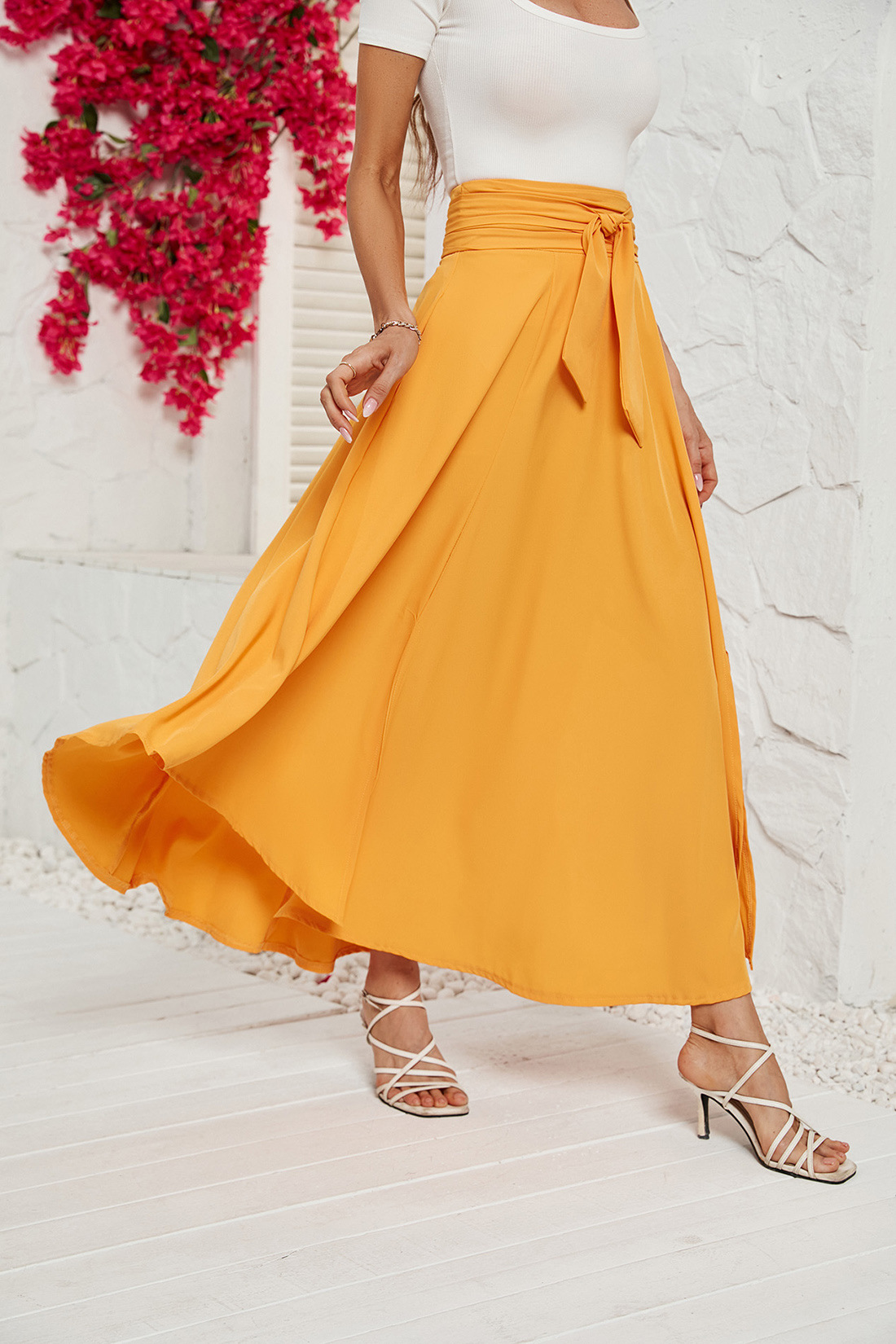 Women's Solid Colour Lace-up Midi Skirt Elegant Summer Fashion_voghion.com