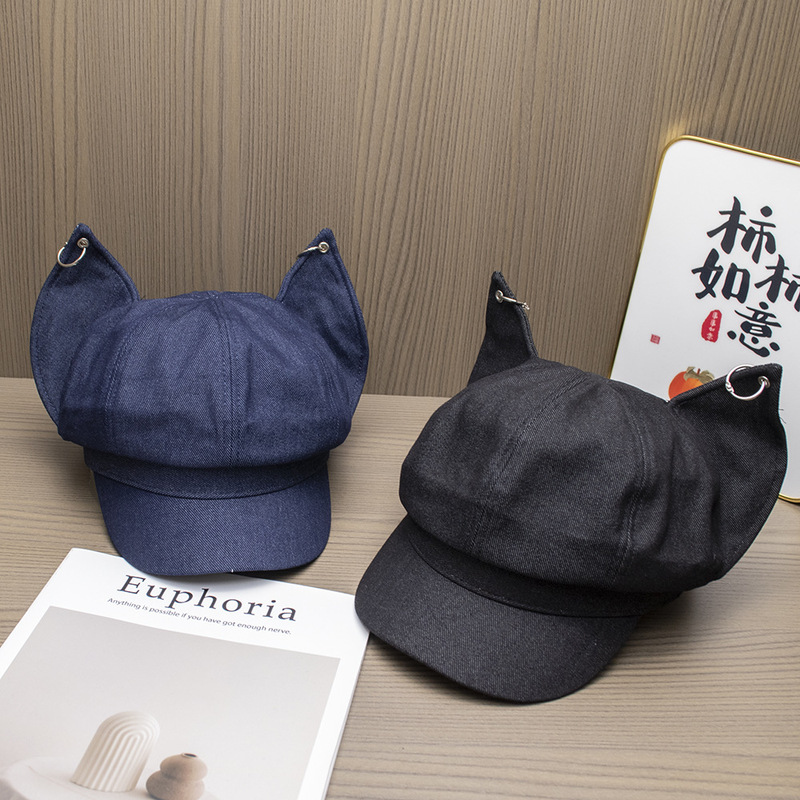 ニッチな個性のかわいいキツネ耳メタルバックルベレー帽女性用春と夏y2k多用途顔見せ小さな八角形帽子|undefined